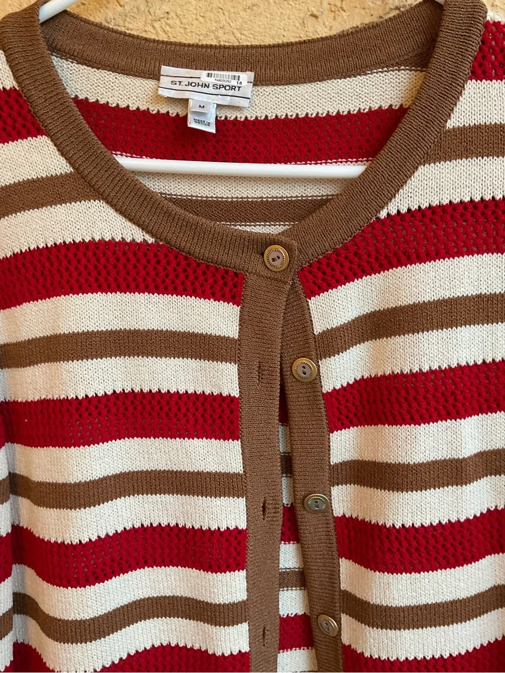 Vintage St. John Sport Striped Wool Blend Cardigan Sweater Red Ivory Camel MED - Picture 6 of 16